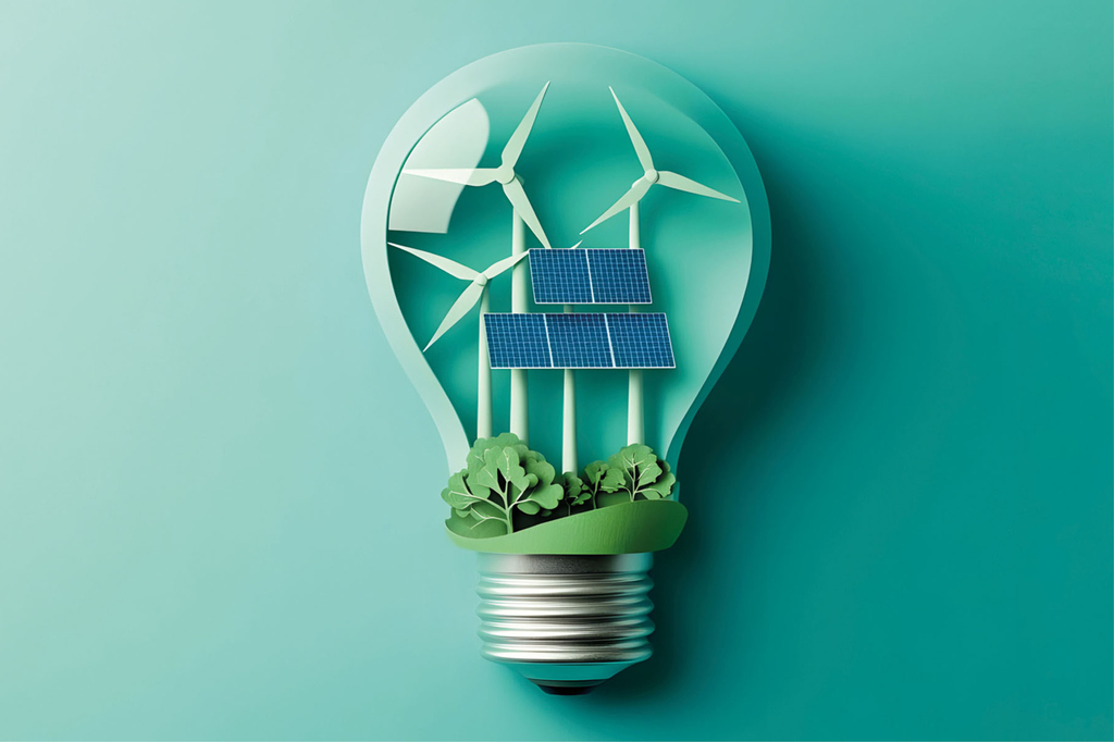 Glühbirne mit Windrädern, Solarpanelen und Pflanzen symbolisiert erneuerbare Energien.