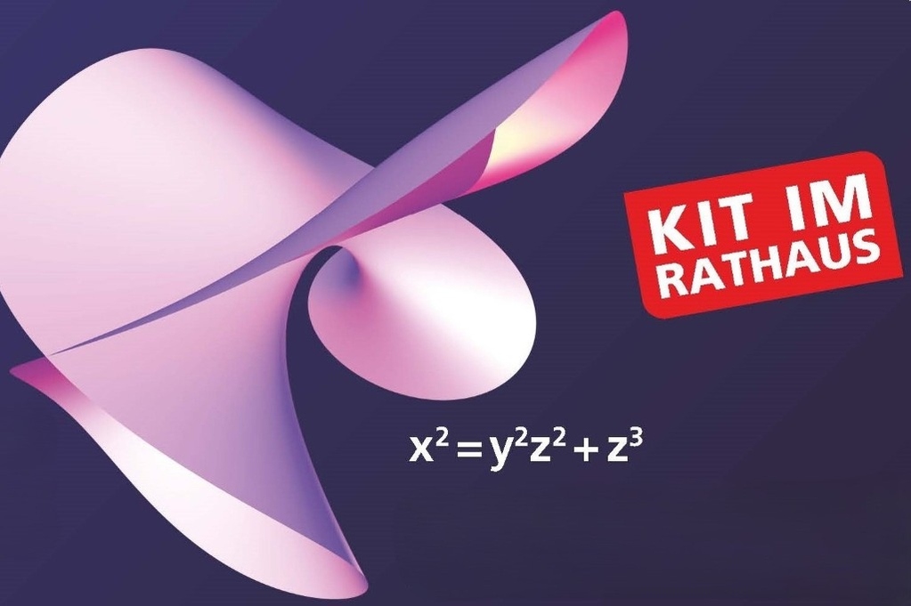 Abstrakte 3D-Formel mit Text "KIT IM RATHAUS" auf dunklem Hintergrund.