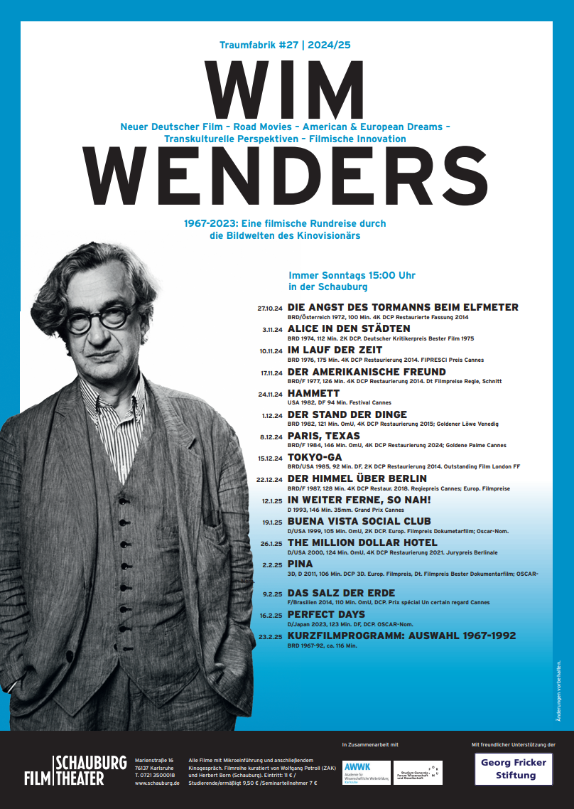 Filmplakat mit Spielzeiten der Filme von Wim Wenders in der Schauburg.