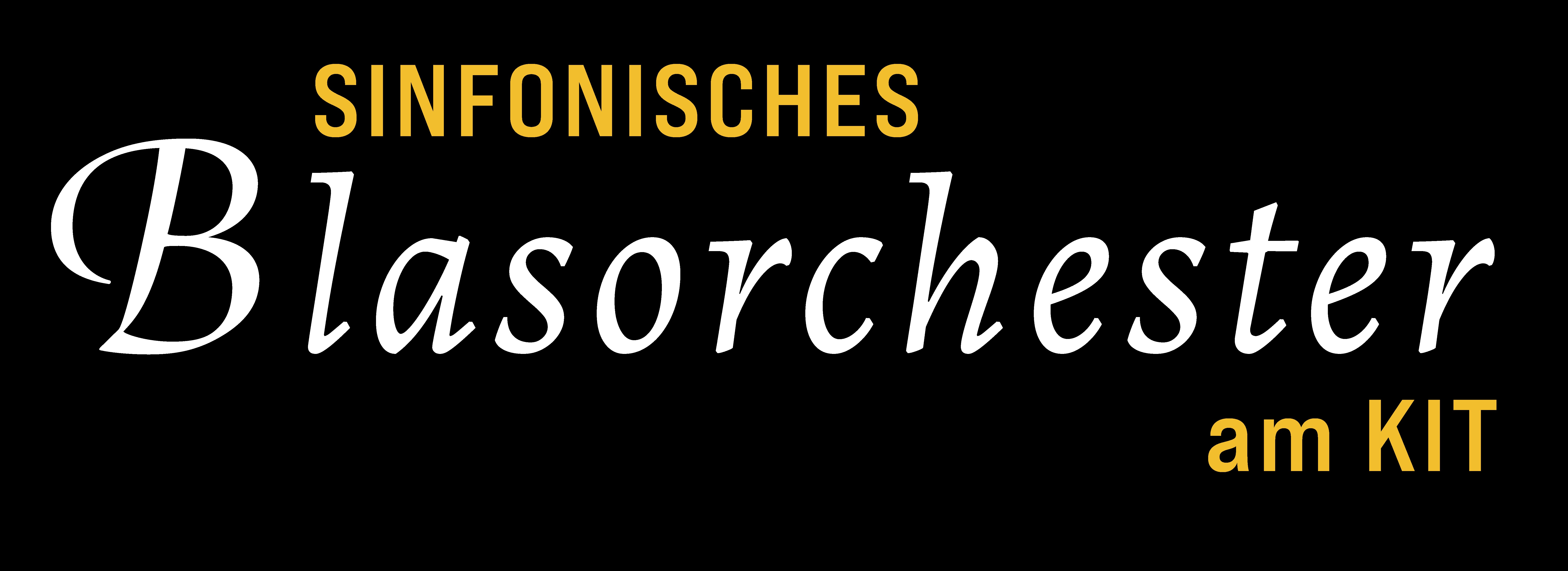 Blasorchester-Logo mit schwarzem Hintergrund und gelber Schrift: „Sinfonisches Blasorchester am KIT“.