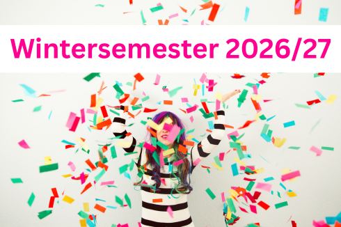 "Überschrift 'Wintersemester 2026/27' mit buntem Konfetti und einer lächelnden Studentin."