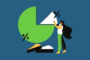 Kreisdiagramm mit Prozentzeichen, aus dem Stücke entnommen werden, von einer weiblichen Figur.