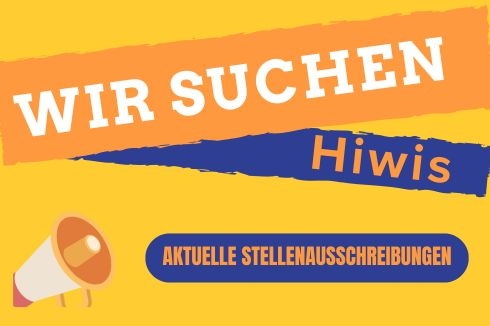 Gelber Banner mit der Aufschrift „Wir suchen Hiwis“ und Button „Aktuelle Stellenausschreibungen“.