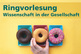 Drei Donuts auf farbigen Tellern, Hand greift nach einem, Text: Ringvorlesung Wissenschaft.